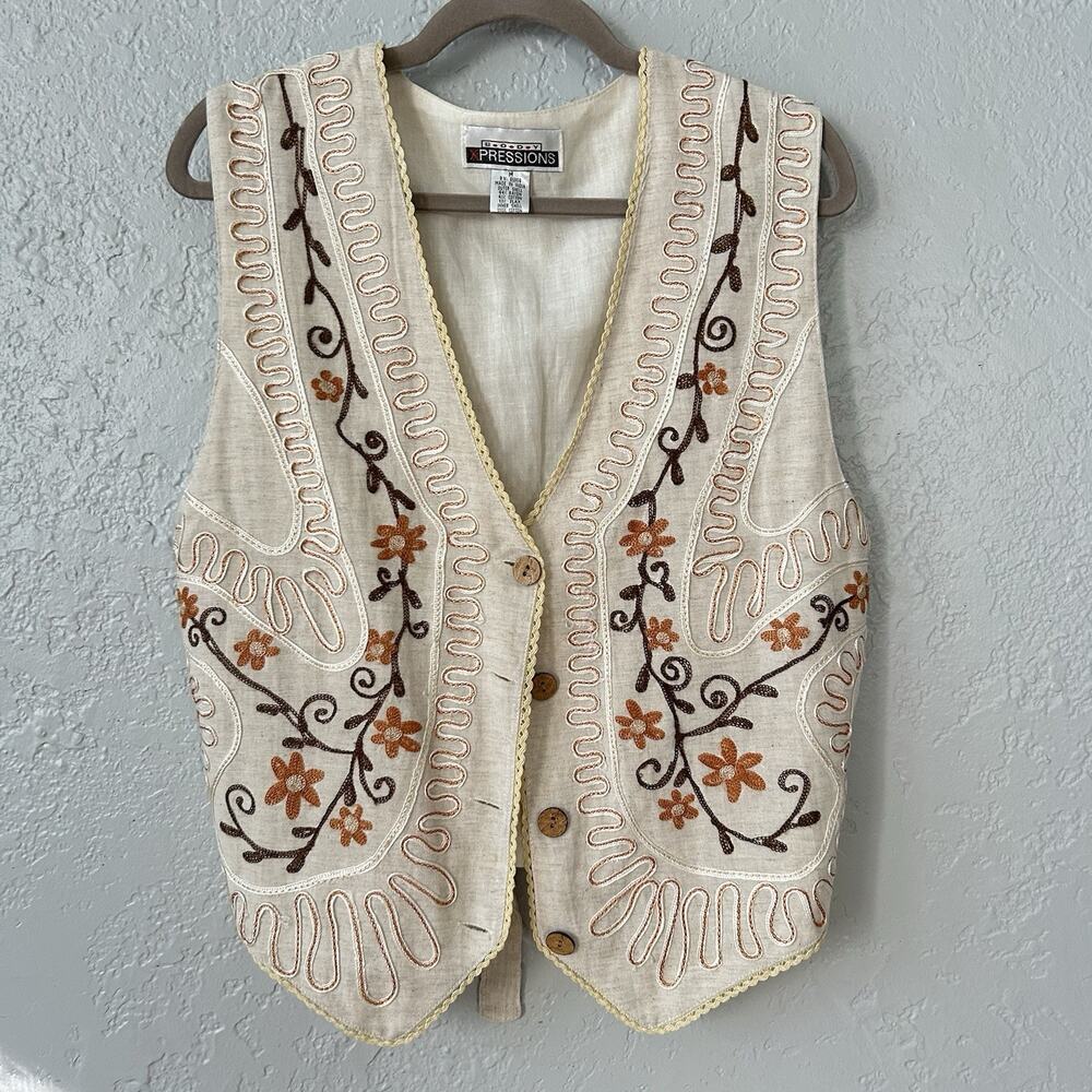 Boho Embroidered Floral Vest Cottagecore Folk Prairie Festival Hippie Women’s M